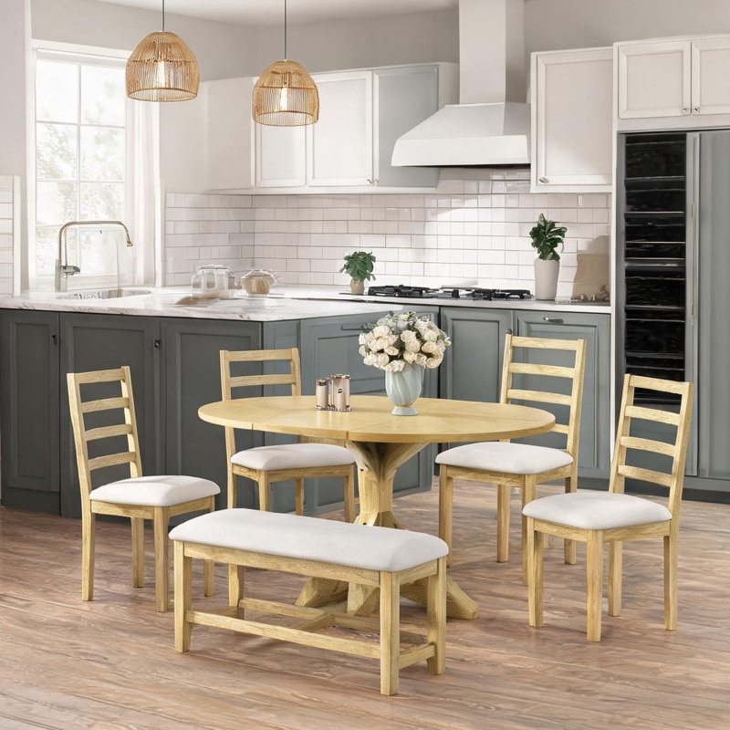 Ensemble de salle à manger extensible 6 pièces avec banc et 4 chaises Rustic, bois d'hévéa massif, sièges beige doux, table de 60 pouces