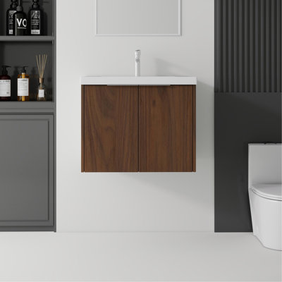 Meuble-lavabo flottant 24 po avec lavabo, porte à fermeture en douceur, évier en céramique, contreplaqué, brun