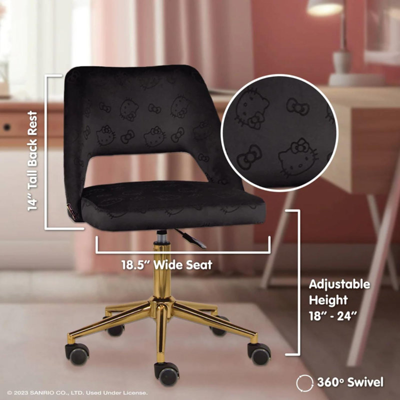 Moneik Hello Kitty Velvet Makeup Vanity Chair 360 Degrees Swivel Cute Desk Chair Wheels Golden Base, Black Velvet