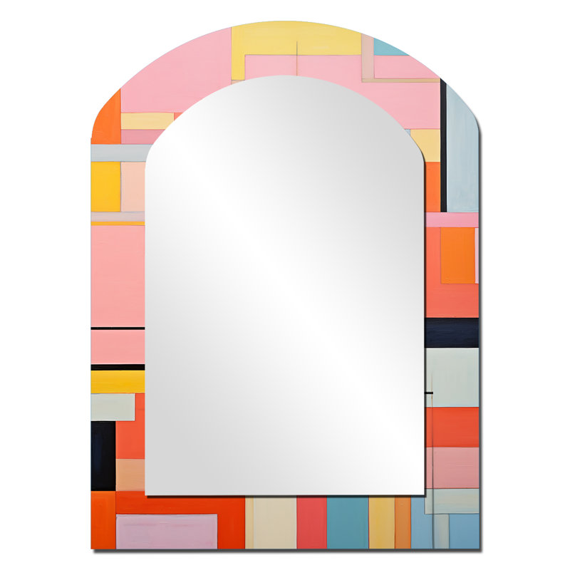 De Stijl Geometric Pastel Harmony II - Sunset Arch Decorative Mirror, Pink Asymmetrical Wall Mirror, Printed Metal Art