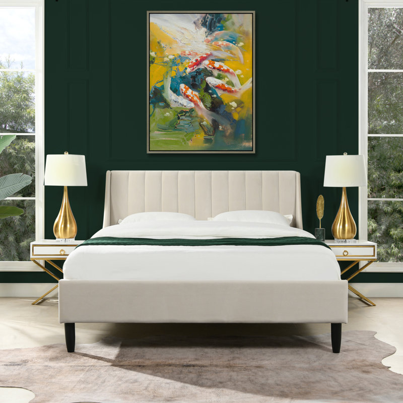 Helaina Upholstered Wingback Bed, Queen, French Beige Velvet