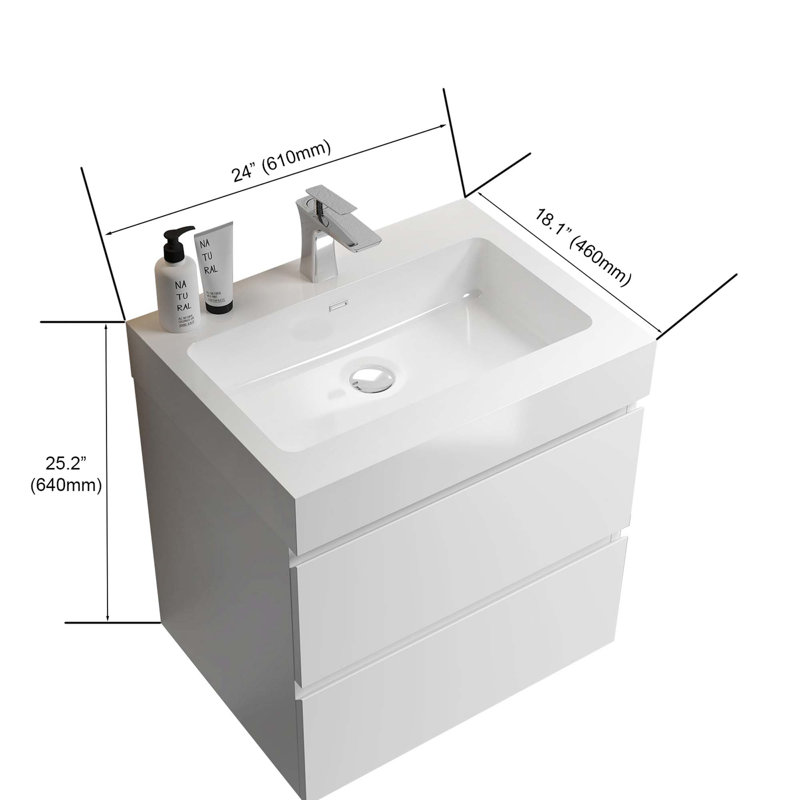 Meuble-lavabo de salle de bain avec lavabo, grand meuble-lavabo flottant mural pour salle de bain moderne, lavabo une pièce sans drain ni robinet, pré-assemblé
