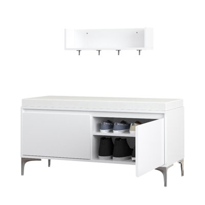 Ensemble étagère murale d'entrée avec crochets et banc de rangement, banc à chaussures blanc moderne avec coussin, banc de rangement à chaussures fermé pour couloir, vestibule, entrée ou chambre