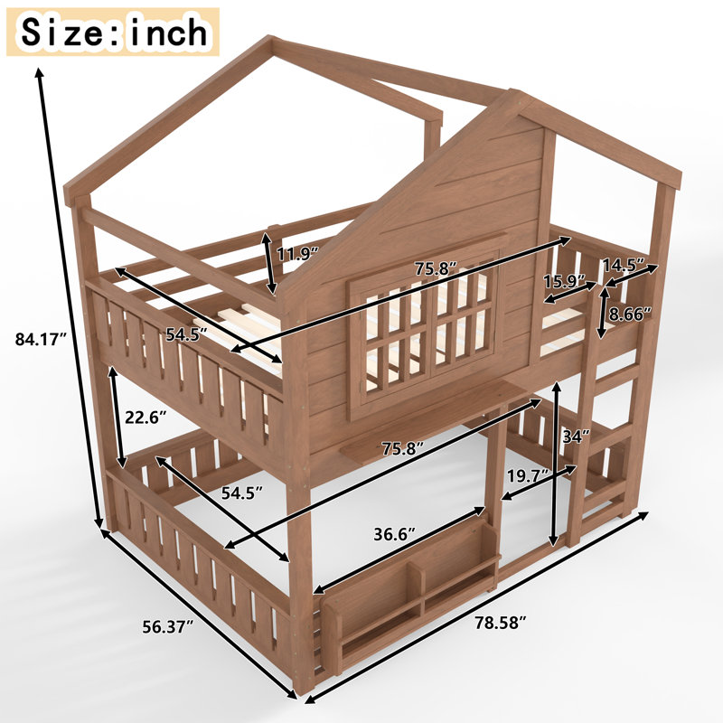 House Design Bunk Loft Bed with Bookshelf, Safety Guardrails, Space-Saving Kids Bed, Natural, Full