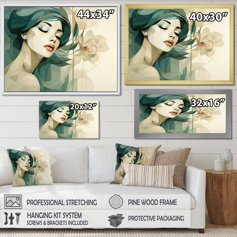 Silhouette de femme verte et beige I - art mural mode, Cadre d'angle fermé noir, H 34 po x l 44 po x P 1,5 po