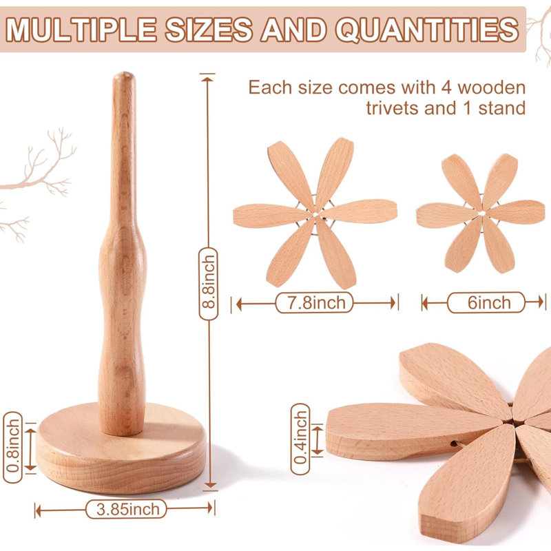 Ensemble de 8 sous-verres Tree, sous-plat en bois pour plats chauds, 2 sous-pieds pliables en forme d'arbre avec 2 supports, tapis décoratif pour tapis de cuisine décoratifs pour fondue, casseroles, tasses (bois de hêtre)