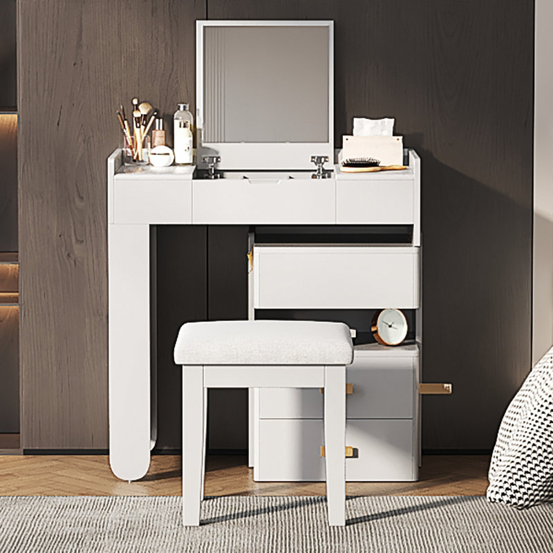 Bureau de coiffeuse 3 en 1 avec miroir rabattable, éclairage à DEL, longueur réglable et tiroirs spacieux - Coiffeuse multifonctionnelle élégante pour la maison