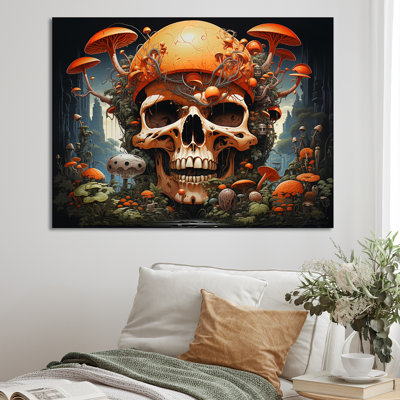 " Smiling Skull Orange Mushrooms Funky Halloween "