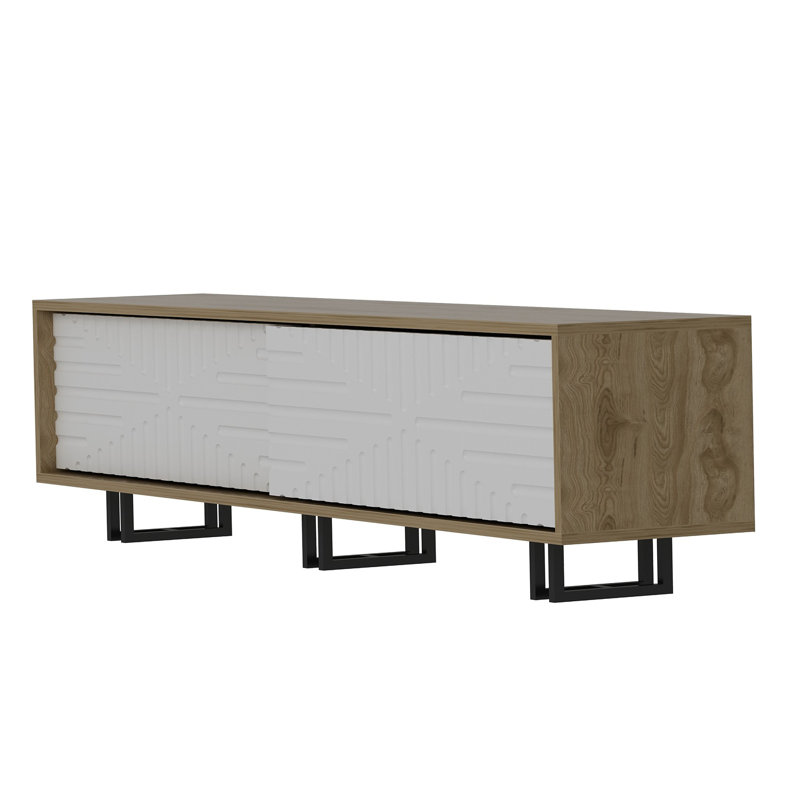 Modern Scandinavian TV Stand, Oak & White, 70.9 x 18.7 x 13.8 inches | 100% Melamine Coated Particle Board, Metal Frame, Membrane Coated Doors | Wall-Mountable, Multiple Shelves, Stylish Storage Solution