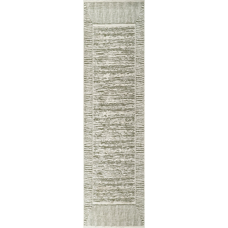 Tapis tissé à la machine Isborne , Vert/Ivoire, Tapis de couloir 2 pi 2 po x 6 pi