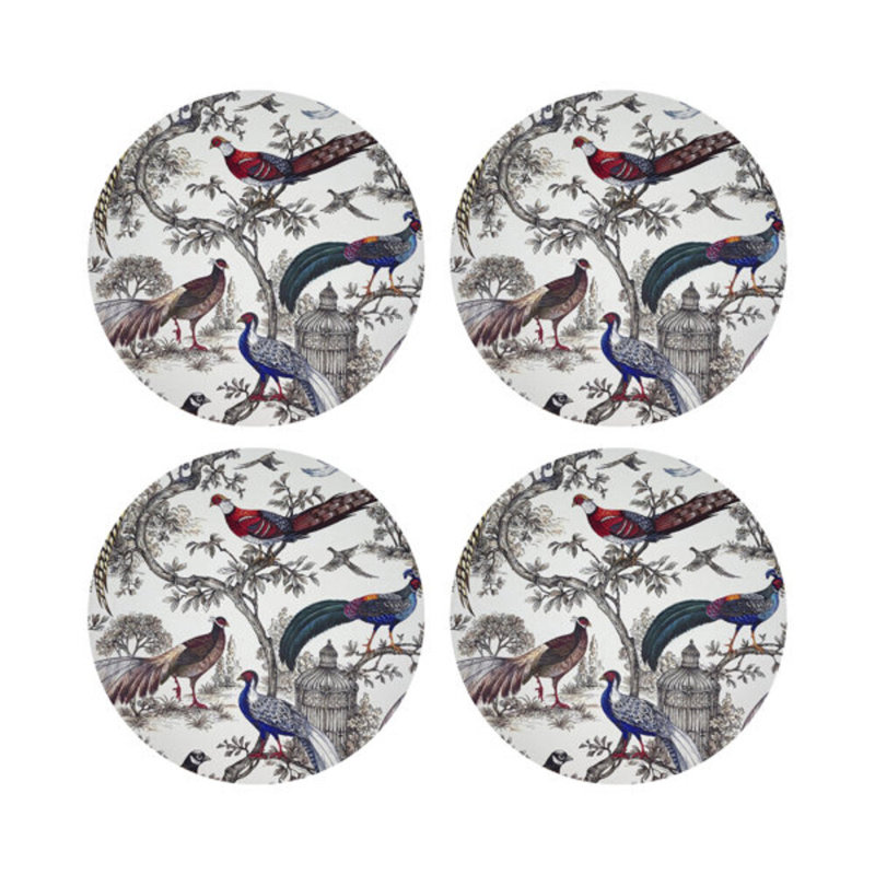 Pheasant Fall Sauvage Vegan Leather Round Pebble Placemat, White