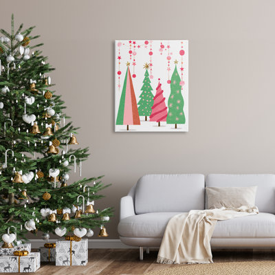 Rose et vert, arbres de Noël sur toile, impression