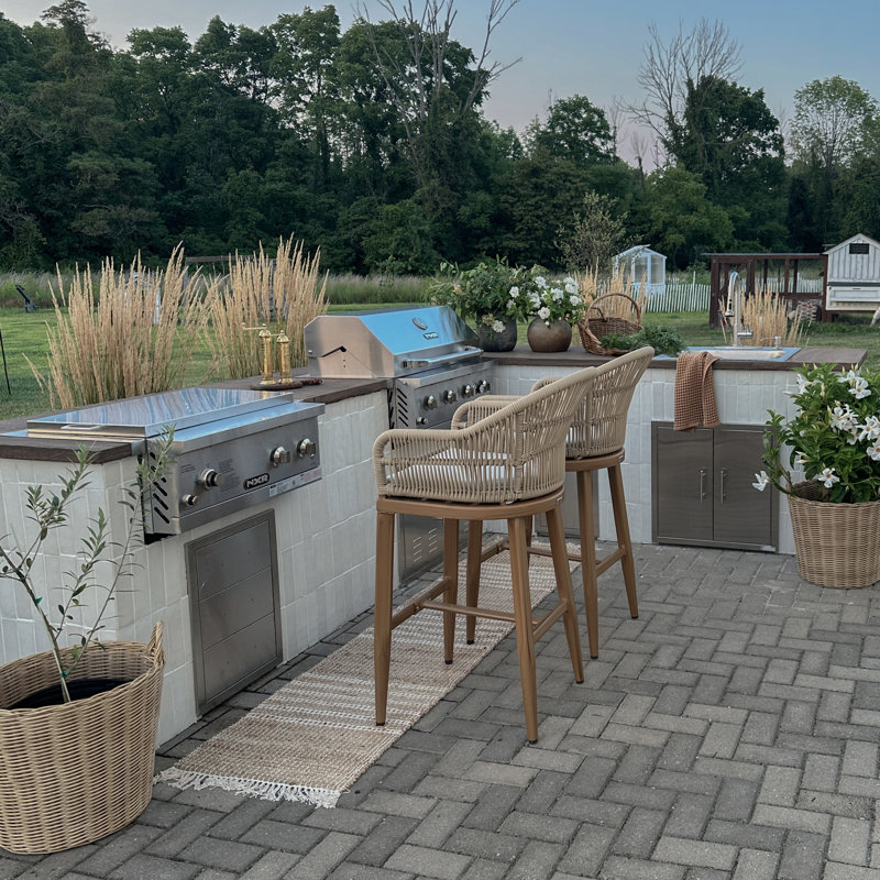 Corrigan Studio Outdoor Rattan Bar Height Stools Set Of 2 Modern Patio Aluminum Wicker Barstools With Wraparound Armrest Back For Kitchen Garden Indoor