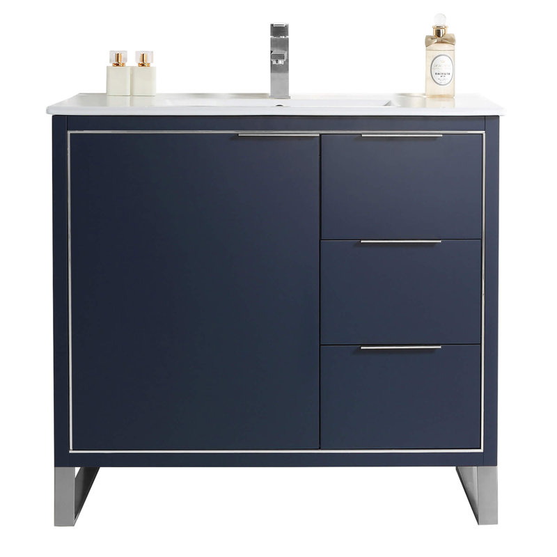 36" Single Bathroom Vanity Set, Chrome, Navy Blue