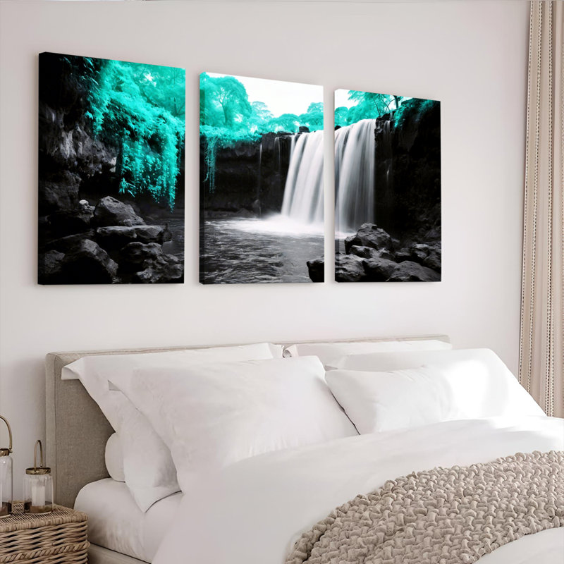 Ensemble de 3 toiles murales représentant un paysage de cascade turquoise, idéales pour la décoration du salon, de la chambre ou de la maison.