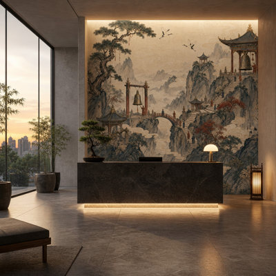 Chinese Landscape Wallpaper Misty Mountains Swirling Clouds Removable Wall Decor