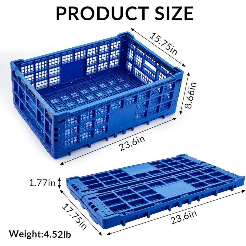 Collapsible Storage Crates, 52 Liter Heavy Duty Foldable Plastic Crates , Storage Baskets and Bins 23.6" L x 15.7" W x 8.6" H Stackable Dairy Milk Crates for Office, Home, Toy Storage
