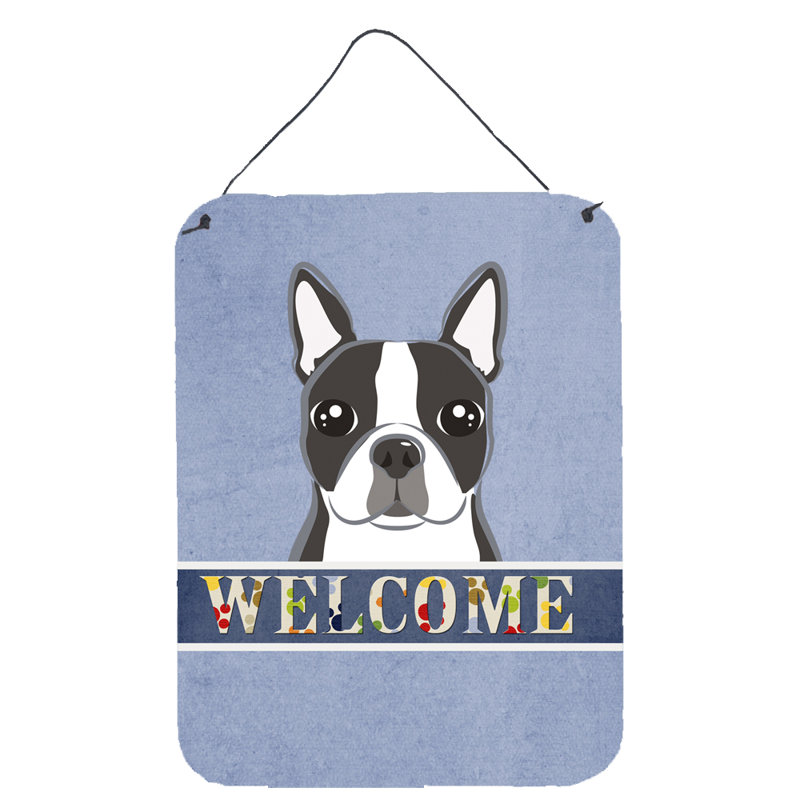 «Boston Terrier Welcome» par Denny Knight, reproduction sur métal, H 16 po x l 12 po x P 0,05 po
