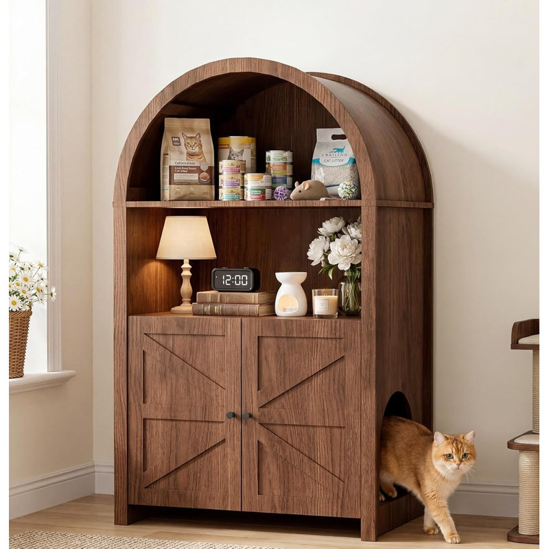 Enceinte de litière pour chat Farmhouse, armoire arquée en noyer avec double entrée latérale et 2 tablettes ouvertes