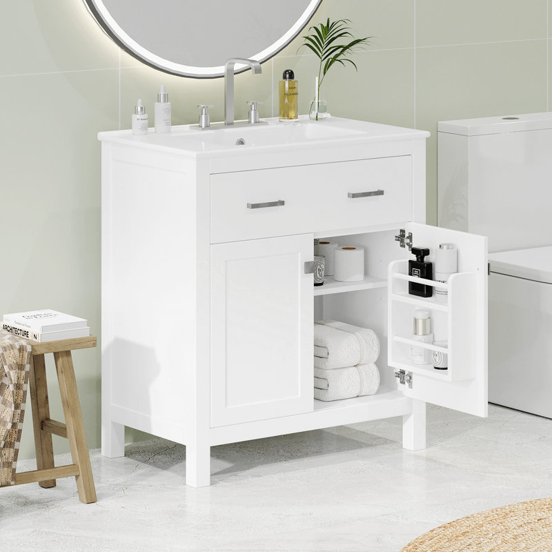 Meuble-lavabo de 30 pouces avec lavabo en céramique, armoire de salle de bain simple moderne avec 2 portes et une tablette, portes à fermeture douce