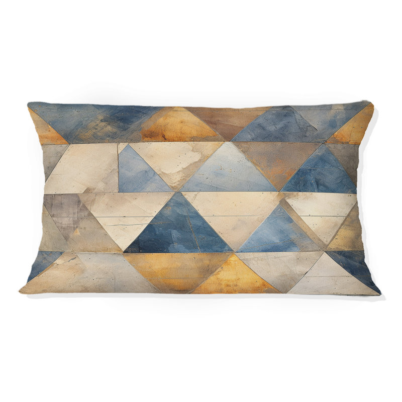 Coussin géométrique en polyester beige et bleu à triangles