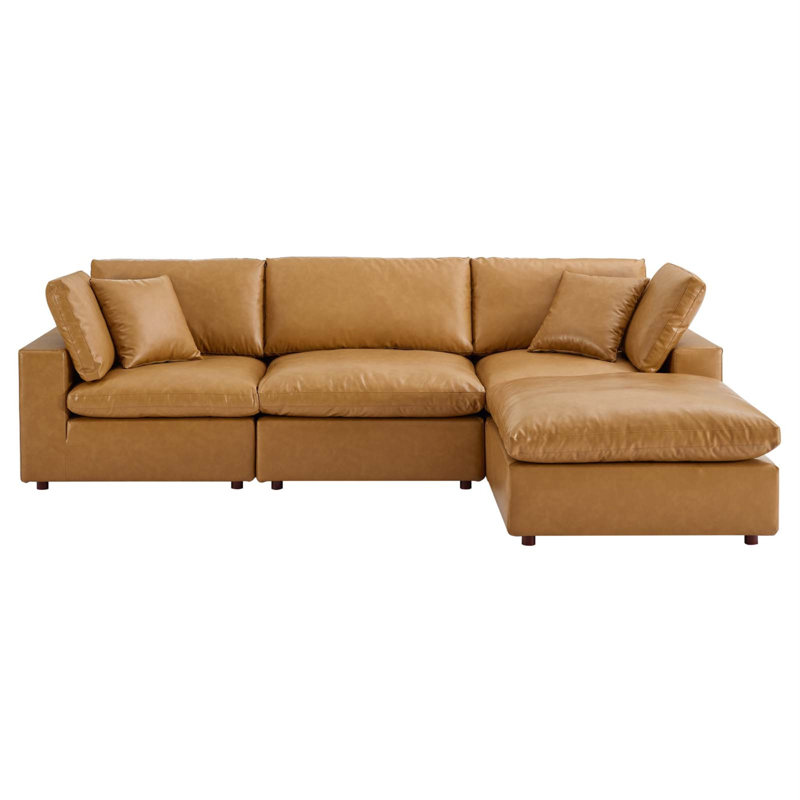 Tan Faux Leather 4-Piece Sectional Sofa with Ottoman and Down Fill Cushions