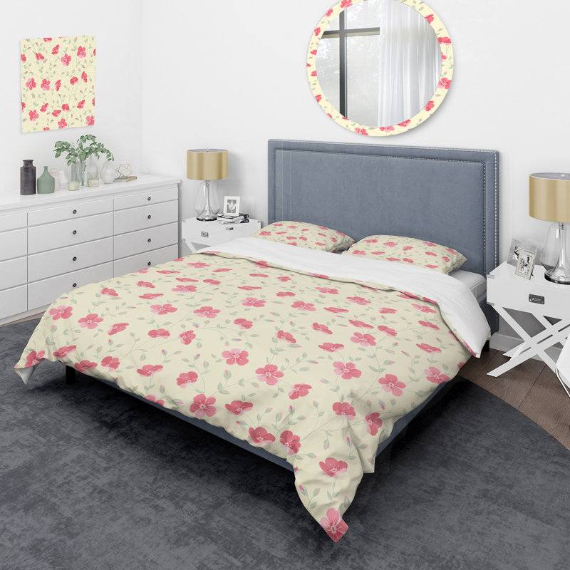 Rayures florales roses - Ensemble de housse de couette floral - Polyester en microfibre