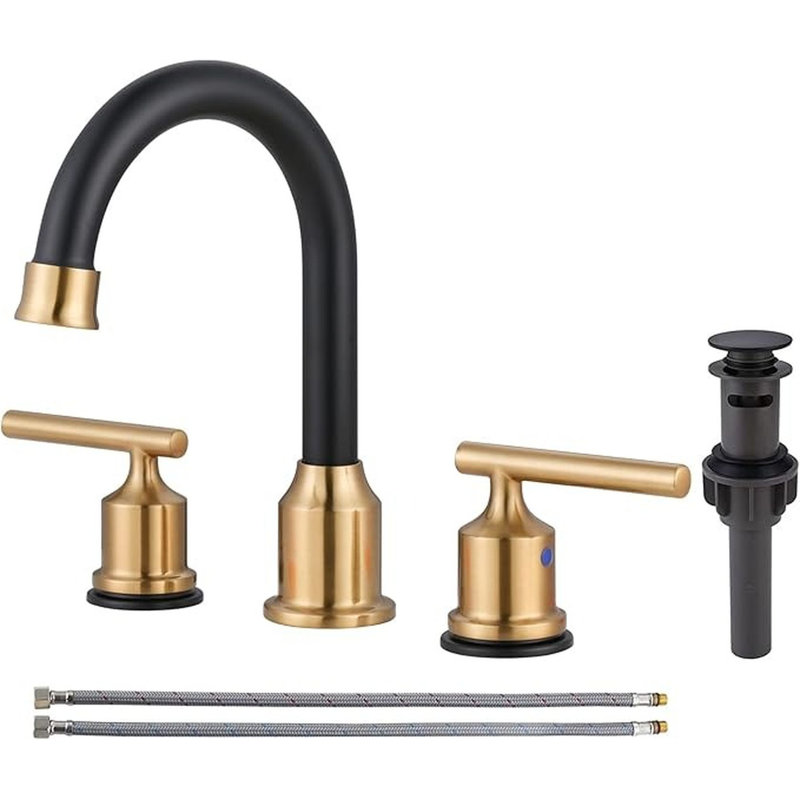 WOWOW 3 Hole Bathroom Faucet Widespread Bathroom Sink Faucet with Pop Up Drain Stopper Vanity Faucet 2 Handle Basin Faucet Mixer Tap with Supply Hoses