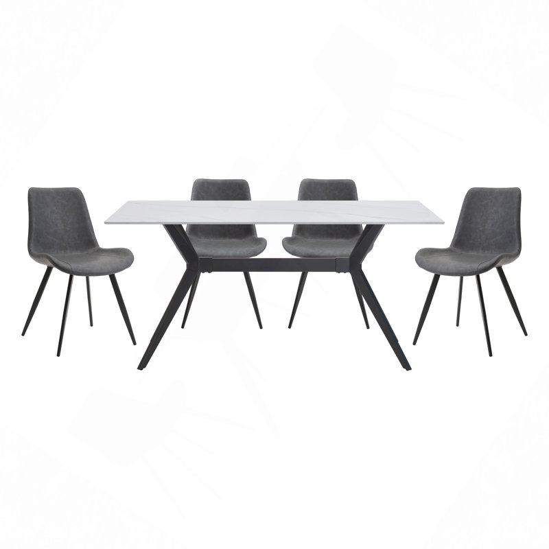 Ensemble de table de salle à manger moderne 5 pièces avec chaises 4X et revêtement de table en pierre frittée grise et pieds en métal noir