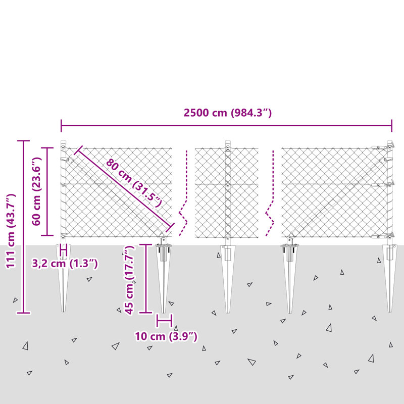 Welded Wire Fence With 13 Spike Posts Galvanised Steel, 60cm H x 2500cm W, Grey