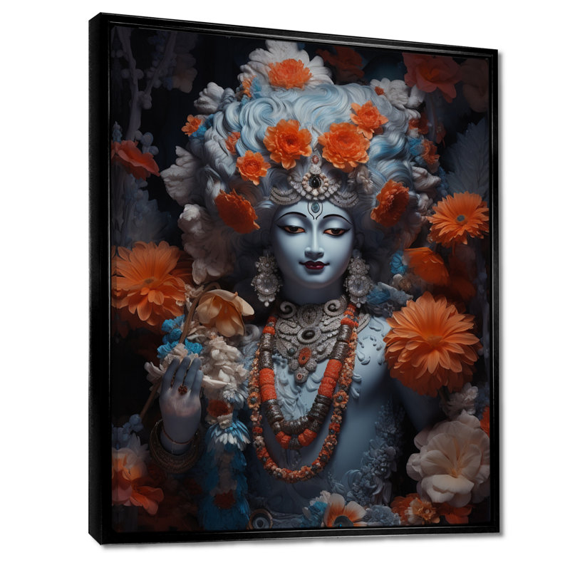 Krishna avec collier de perles et de fleurs oranges - Art mural de l'hindouisme, Toile avec cadre flottant noir