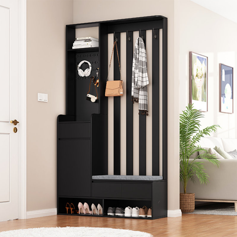 Arbre d'entrée contemporain l 39,3 po x H 70,8 po avec banc de rangement rembourré, rangement multifonctionnel pour hall d'entrée avec panneau perforé et 4 crochets, noir