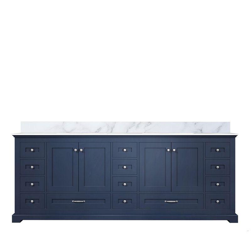 Double Bath Vanity with Carrara Marble Top, Navy Blue
