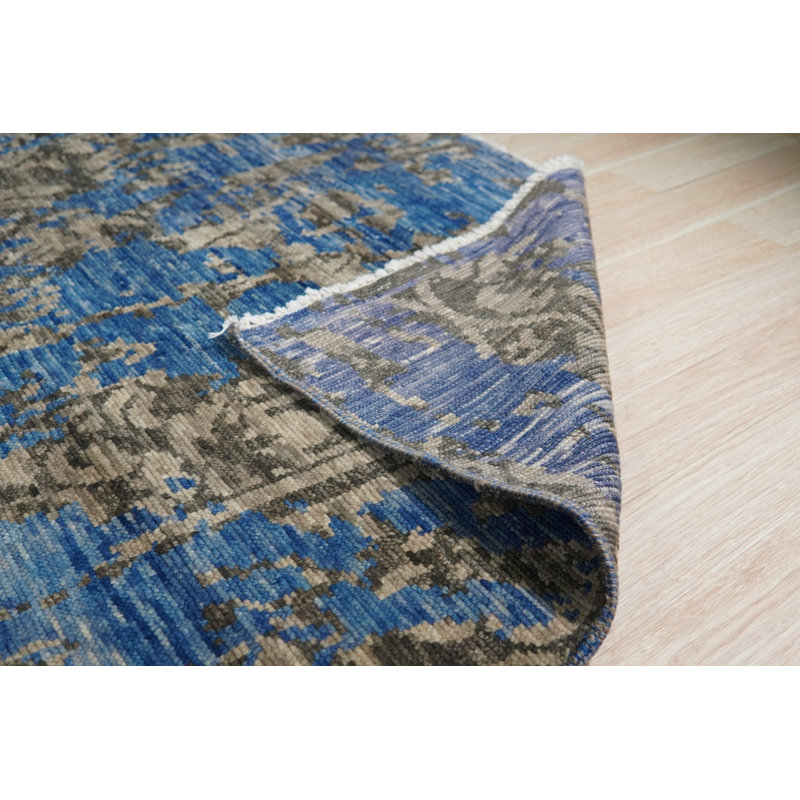 Tapis floral bleu en laine et en bambou noué à la main 8 pi x 10 pi