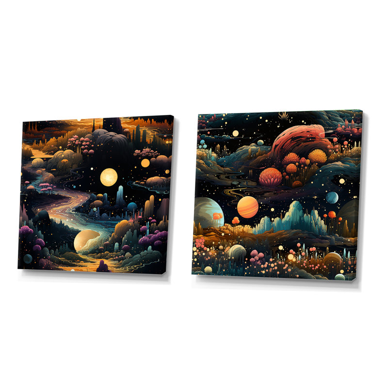 Fenouil - Ensemble de 2 collage de paysages abstraits carrés, H 36 po x l 73 po, Toile tendue