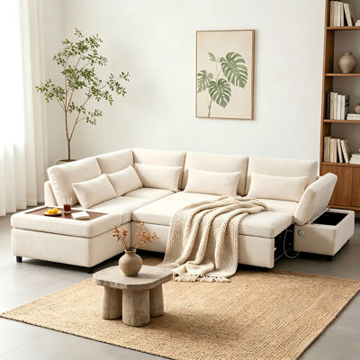 107" L-Shaped Sleeper Sofa Bed, Pull-Out Double Bed with USB/Type-C & Movable Storage Ottoman