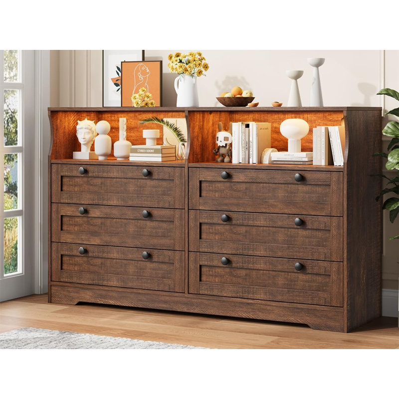 Modern 6-Drawer Dresser with LED Lights and Built-in Power Outlet, 55" Wide Wooden Storage Chest for Bedroom or TV Stand