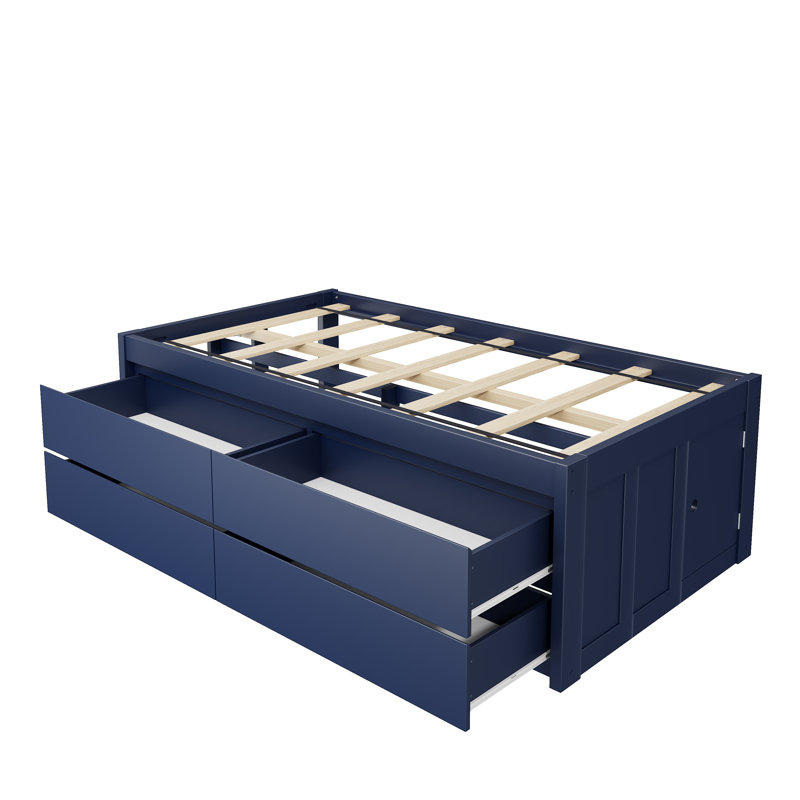 Lit capitaine Calder Twin en bois avec quatre tiroirs et rangement latéral, Lit simple, Marine