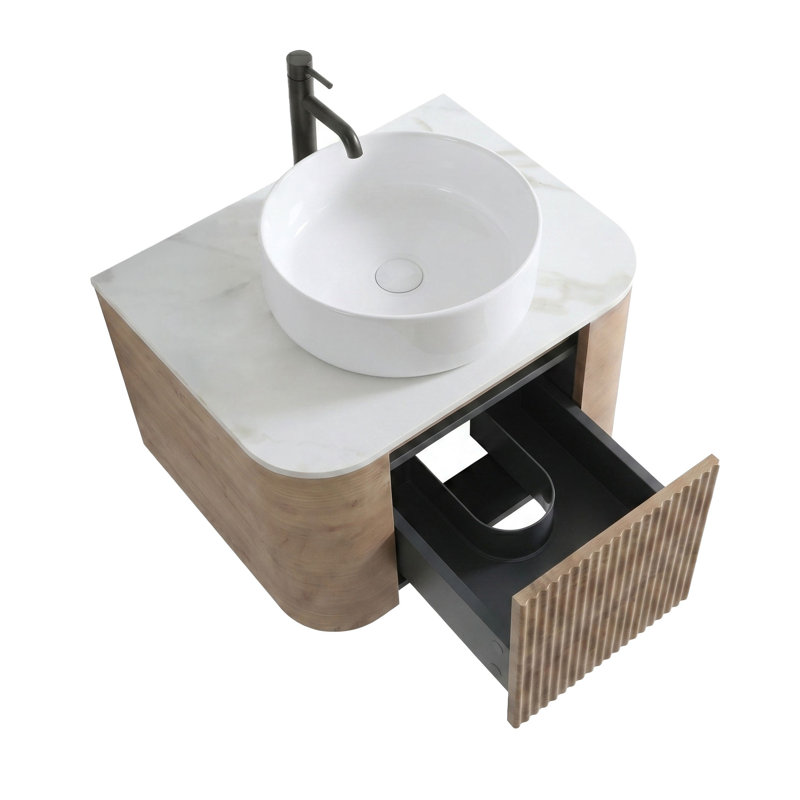 Meuble-lavabo flottant 24 po avec lavabo vasque et porte-serviettes 24 po, Chêne miel, Snow White