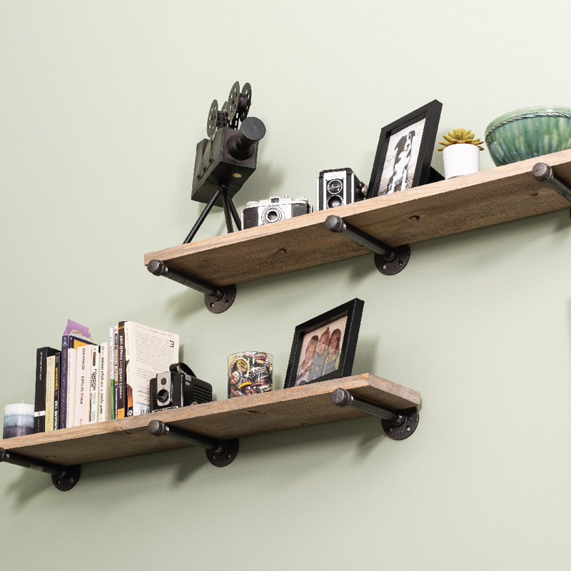 Pingree 2 Piece Solid Wood Industrial Pipe Shelves, Driftwood Tan