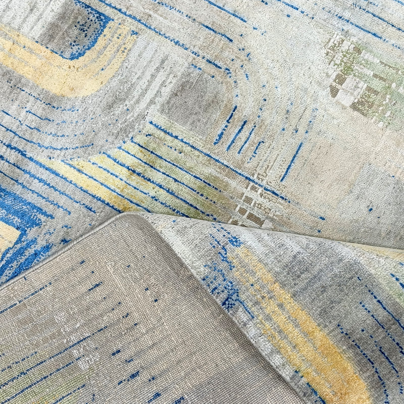 Hand Knotted Geometric Area Rug in Blue/Yellow/Gray, Rectangle 5' x 8'