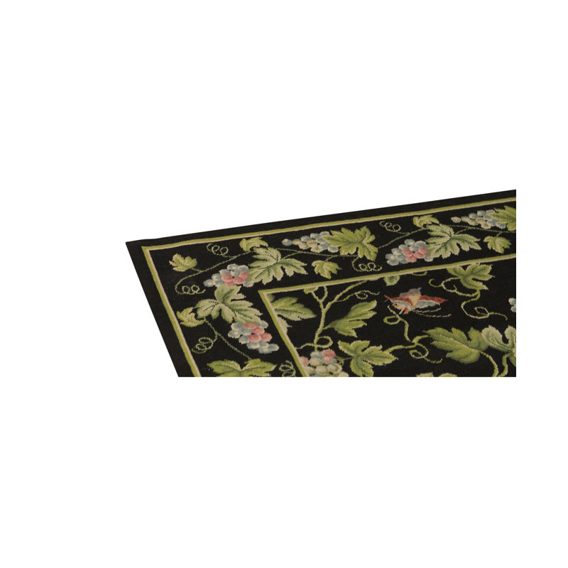 Hand-Knotted High-Quality Black, Green, and Pink Area Rug