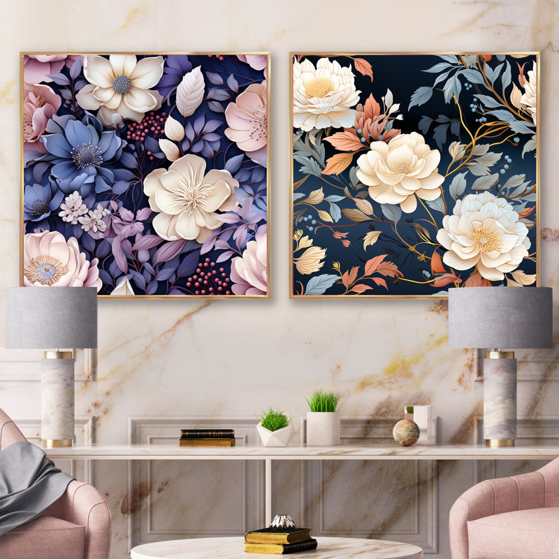 Fresquez - Ensemble de 2 collages floraux carrés, Cadre flottant doré, H 30 po x l 61 po
