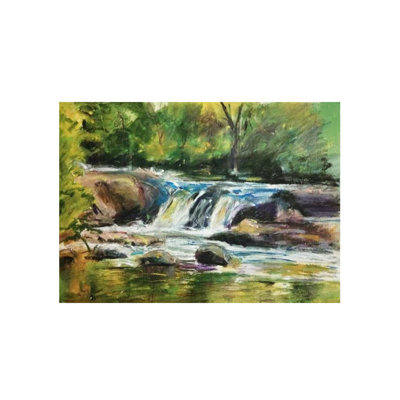 Petite chute d'eau qui coule - Paysage | Pastel à l'huile sur papier | Par Mukal