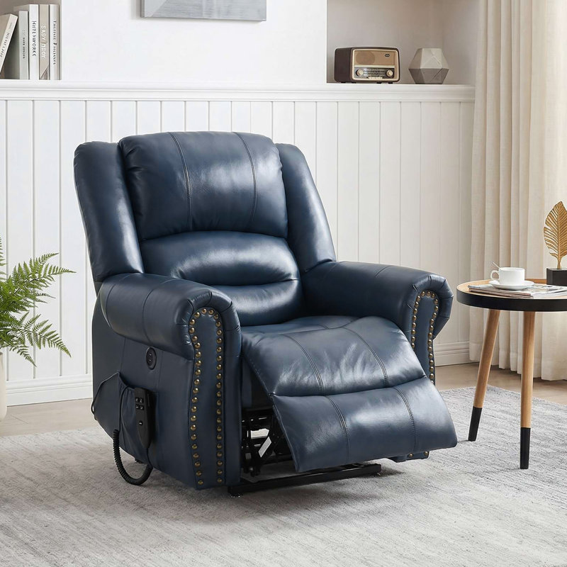 Aura 40" W Dual Motor Power Lift Recliner Infinite Position With Heat And Massage, Blue Genuine Leather