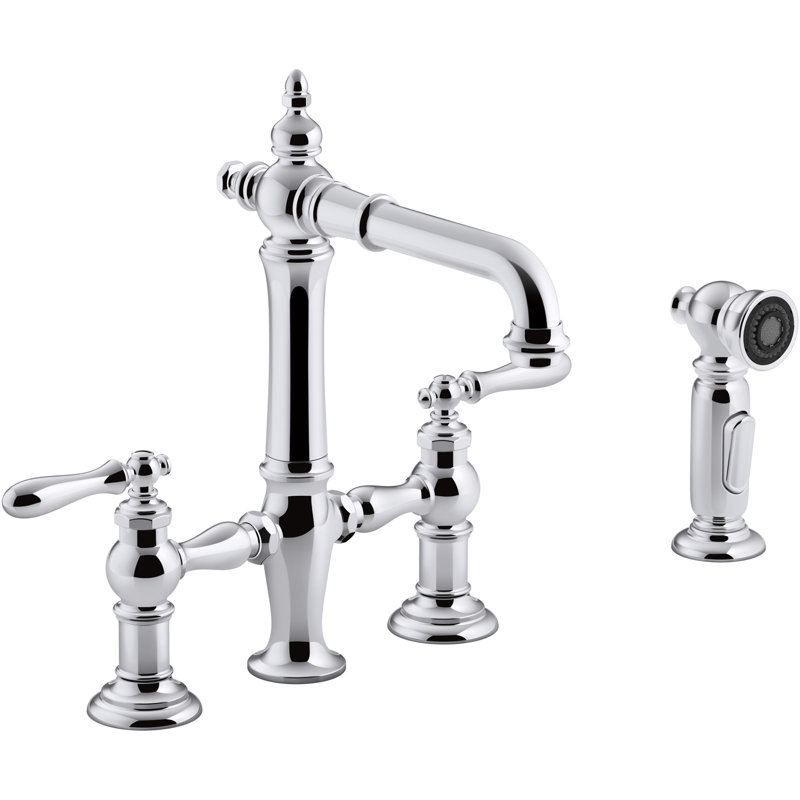 Artifacts® Bridge Faucet with Side Spray, Polished Chrome, Lever Handle