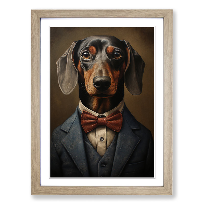 Dachshund in a Suit Painting - Framed Print, 34cm H x 25cm W, Oak Framed