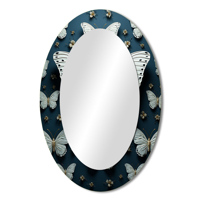 Papillon blanc blanc avec ailes flottantes papillons - décor de miroir mural ovale blanc, 36 po x 24 po