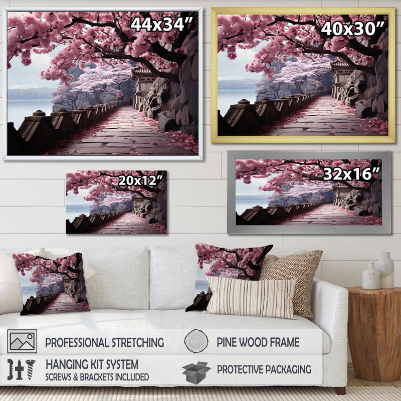 Art du Japon, chemin de fleurs de cerisier rose - Art encadré, H 24 po x l 32 po x P 1 po, Cadre flottant noir