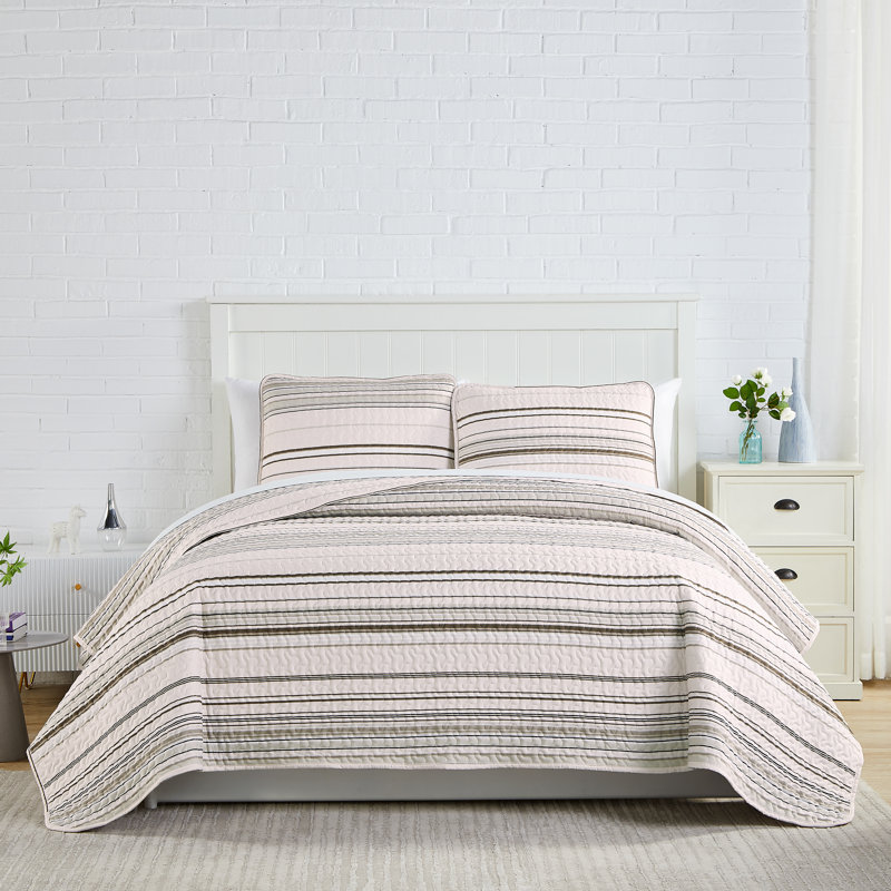 Ensemble de courtepointe réversible Coastal Stripes Collection, Courtepointe très grand + 2 couvre-oreillers stan, Taupe